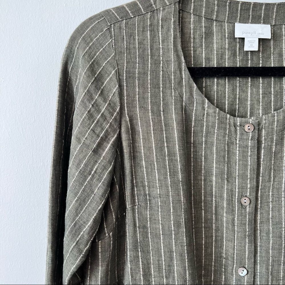 Pure jill linen tunic green‎ stripe button front w/ pockets - Picture 3 of 9